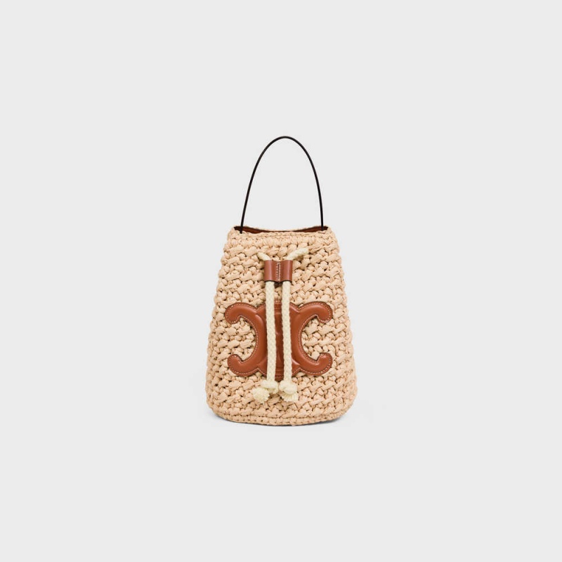 Celine Teen Drawstring In Raffia And Calfskin Panier Bej Rengi Kahverengi | CL-593071
