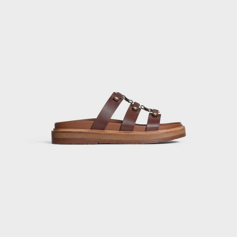 Celine Tippi Slides In Calfskin - Vegetal Tanning Sandalet Koyu Kahverengi | CL-592604