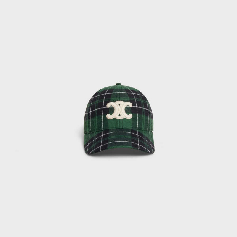 Celine Triomphe Baseball In Checked Flannel Şapka Yeşil Siyah | CL-592359