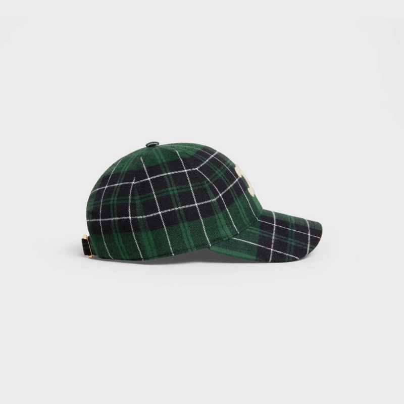 Celine Triomphe Baseball In Checked Flannel Şapka Yeşil Siyah | CL-592359