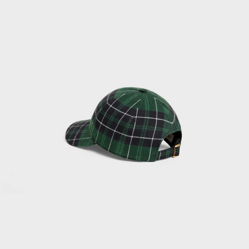 Celine Triomphe Baseball In Checked Flannel Şapka Yeşil Siyah | CL-592359