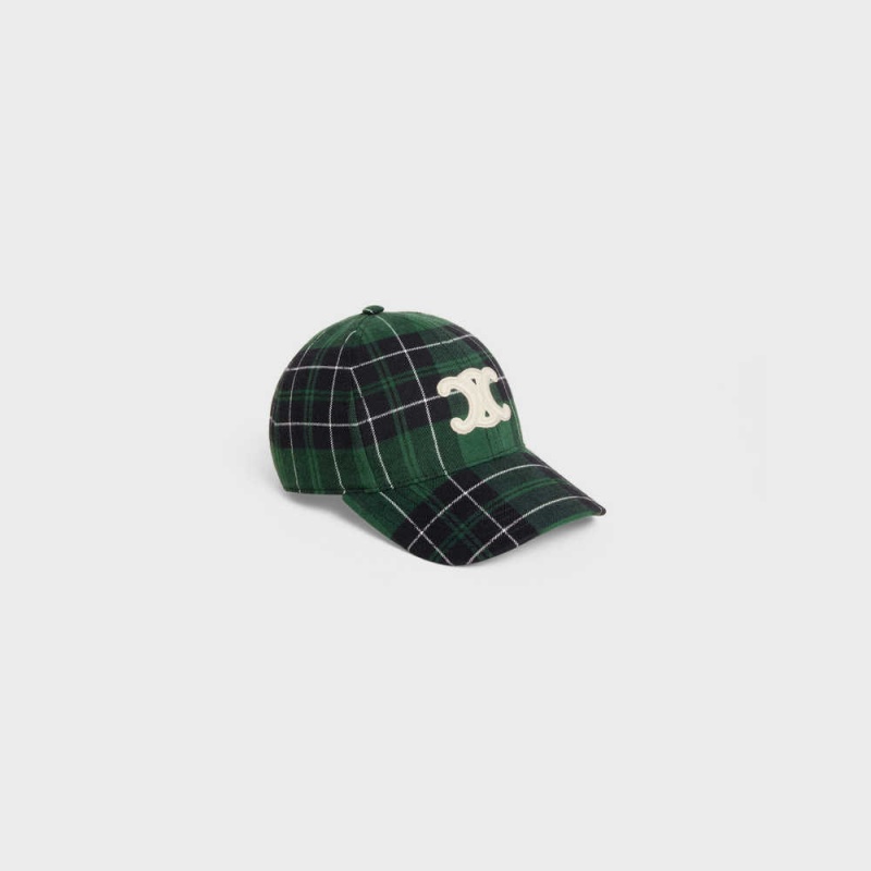 Celine Triomphe Baseball In Checked Flannel Şapka Yeşil Siyah | CL-592359