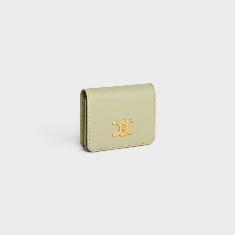 Celine Triomphe Compact In Shiny Calfskin Cüzdan Yeşil | CL-592966