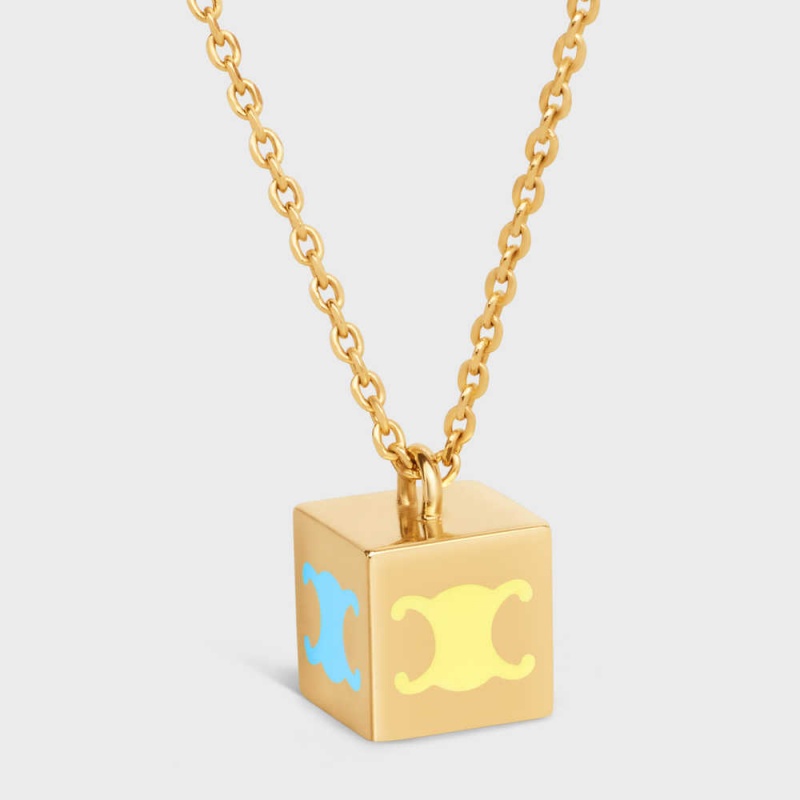 Celine Triomphe Cube In Brass With Gold Finish And Colored Enamel Kolye Altın | CL-592256