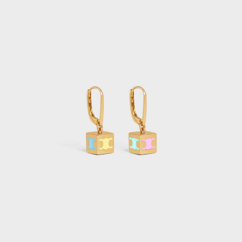 Celine Triomphe Cube In Brass With Gold Finish And Colored Enamel Küpe Altın | CL-592304