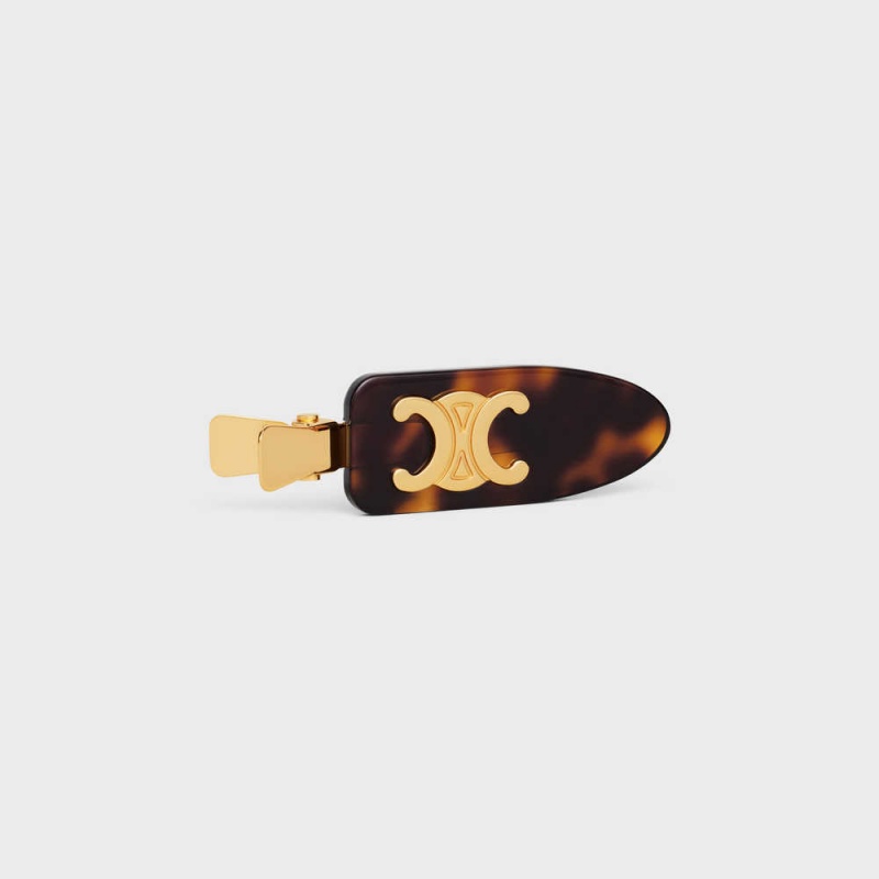 Celine Triomphe Düz Hair Clip In Dark Havana Acetate And Brass With Gold Finish And Steel Saç aksesuarları Altın | CL-592322