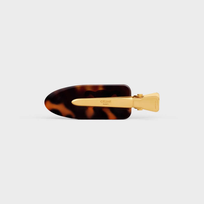 Celine Triomphe Düz Hair Clip In Dark Havana Acetate And Brass With Gold Finish And Steel Saç aksesuarları Altın | CL-592322