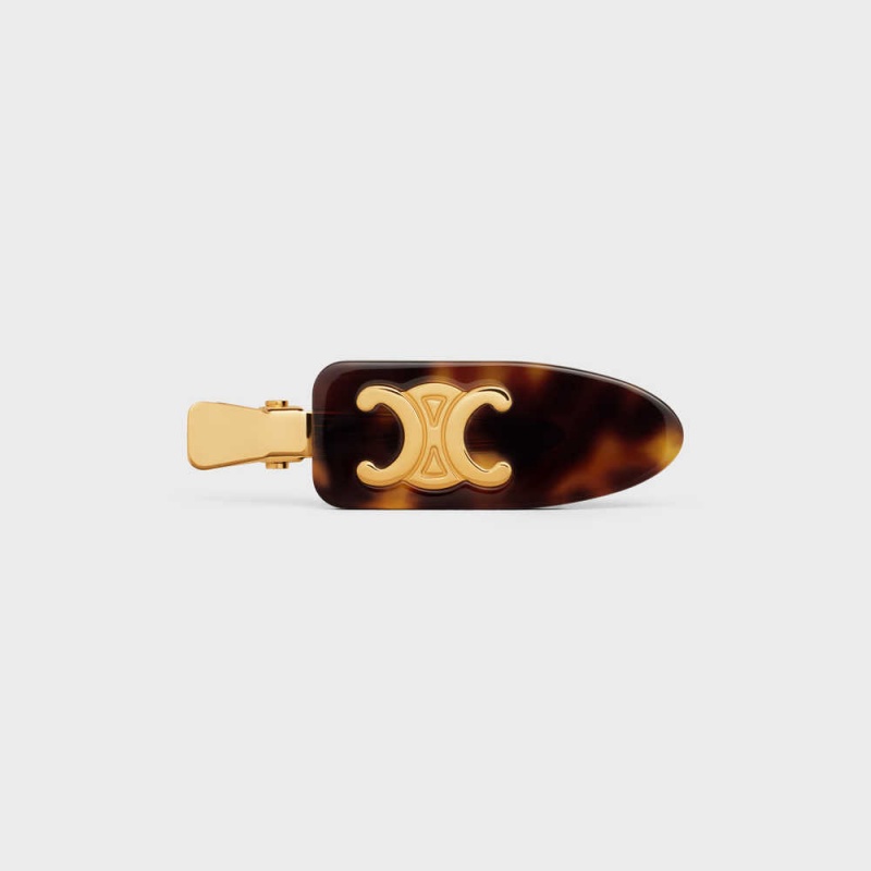 Celine Triomphe Düz Hair Clip In Dark Havana Acetate And Brass With Gold Finish And Steel Saç aksesuarları Altın | CL-592322