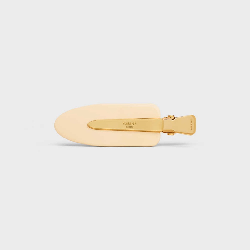 Celine Triomphe Düz Hair Clip In Vanilla Acetate And Brass With Gold Finish And Steel Saç aksesuarları Açık Sarı Altın | CL-592323