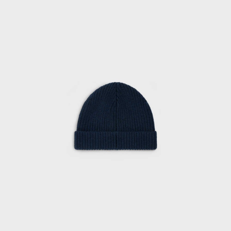 Celine Triomphe Embroidered Beanie In Heritage Cashmere Şapka Lacivert | CL-592371