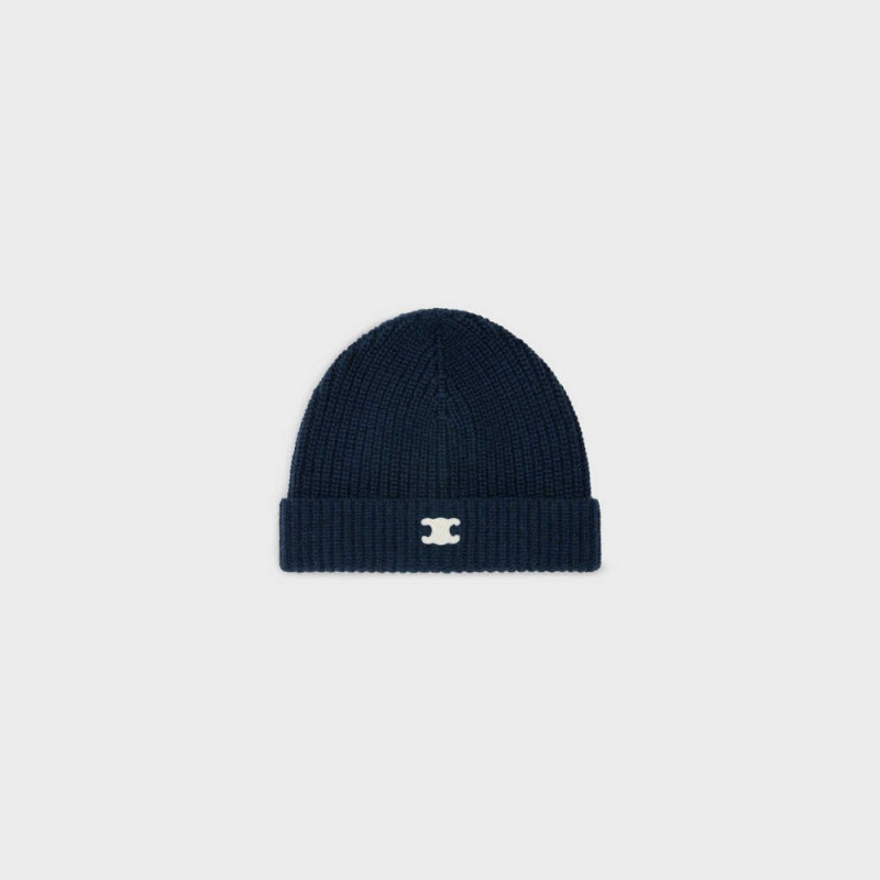 Celine Triomphe Embroidered Beanie In Heritage Cashmere Şapka Lacivert | CL-592371