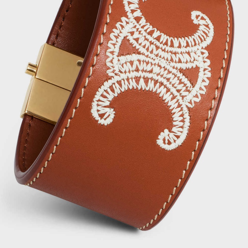 Celine Triomphe Embroidered Deri In Brass With Gold Finish And Calfskin Bilezik Kahverengi | CL-592203
