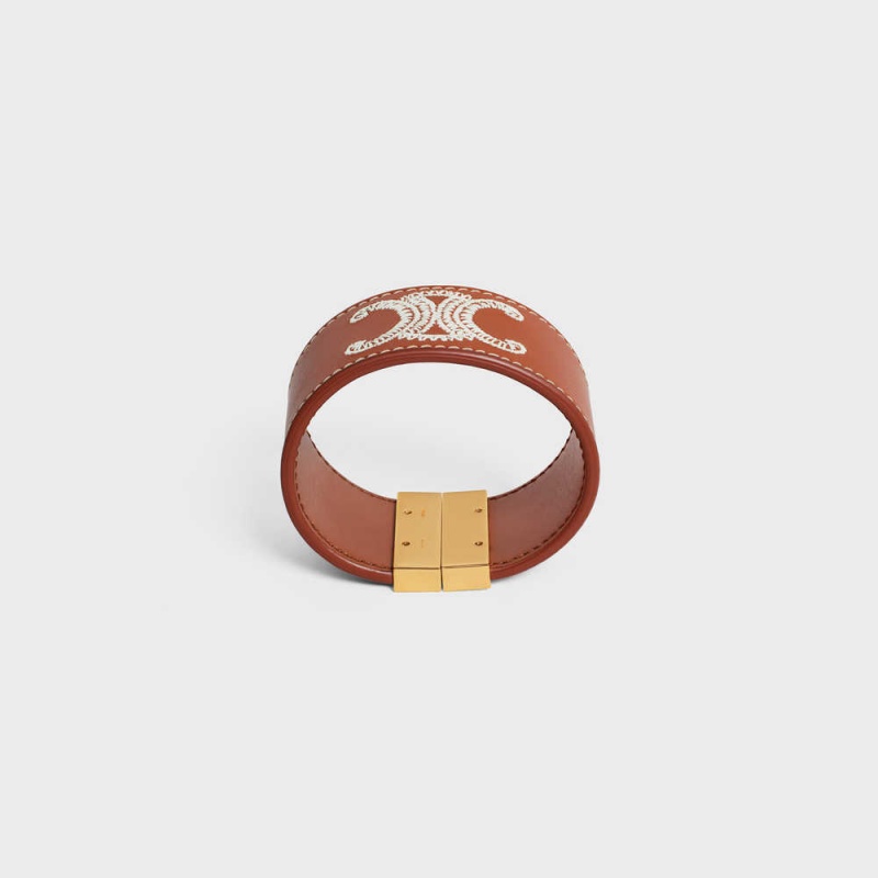 Celine Triomphe Embroidered Deri In Brass With Gold Finish And Calfskin Bilezik Kahverengi | CL-592203
