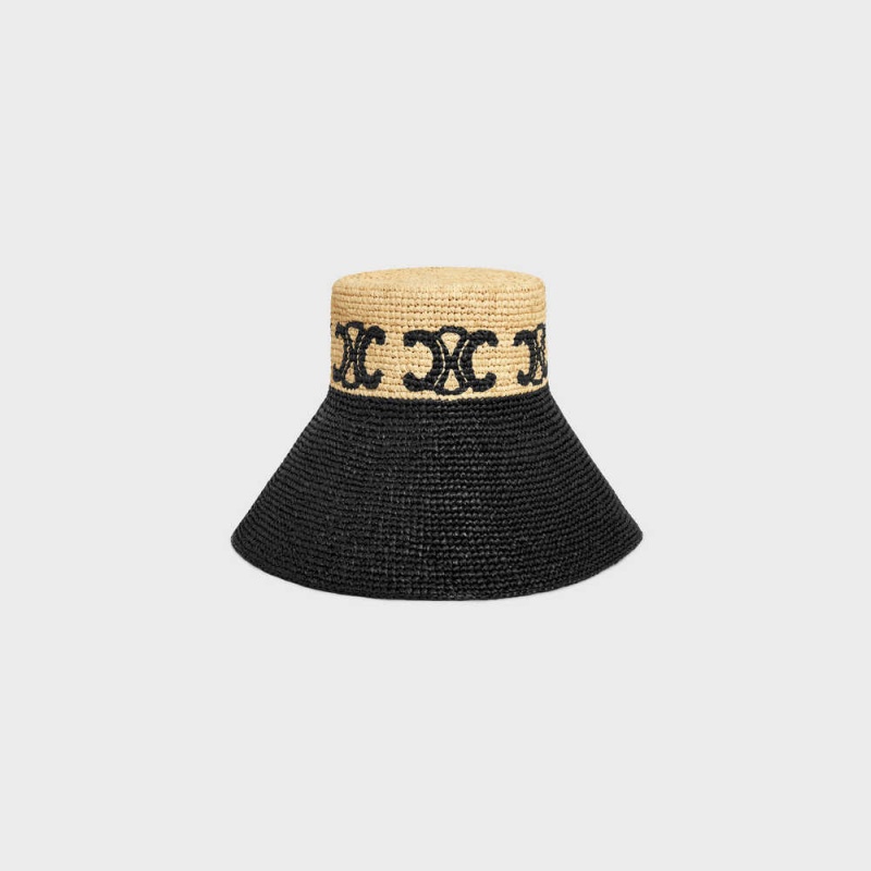 Celine Triomphe Geniş-brimmed In Raphia Şapka Bej Rengi Siyah | CL-592341