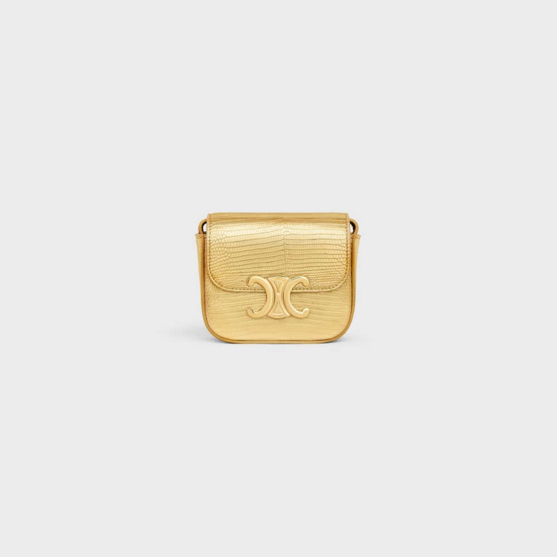 Celine Triomphe In Laminated Lizard Mini Çanta Altın | CL-593017