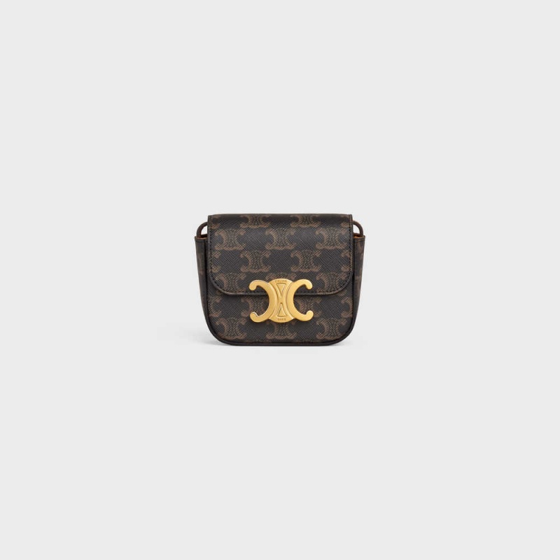Celine Triomphe In Triomphe Kanvas And Calfskin Mini Çanta Kahverengi | CL-593015