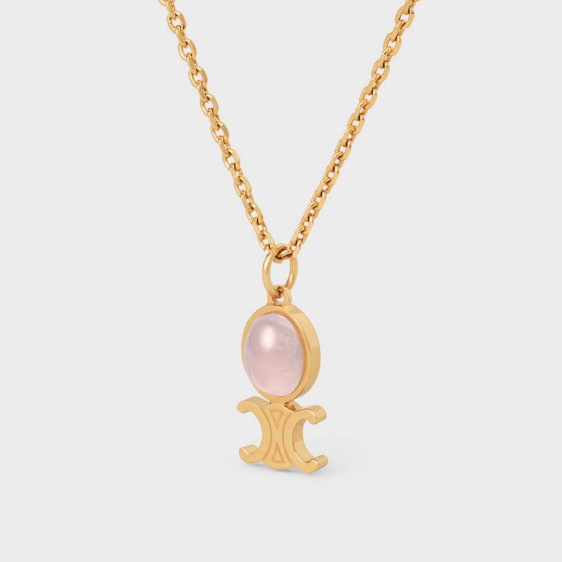 Celine Triomphe Indie Small In Brass With Gold Finish And Pink Quartz Kolye Altın Pembe | CL-592240