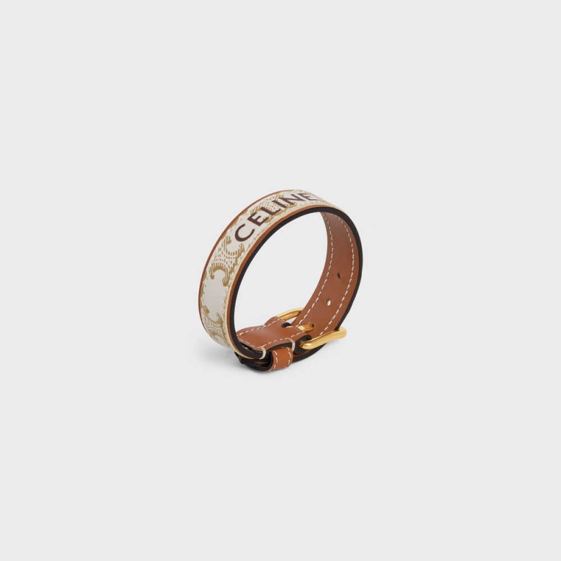 Celine Triomphe Kanvas Deri In Brass With Gold Finish Bilezik Altın Beyaz | CL-592220