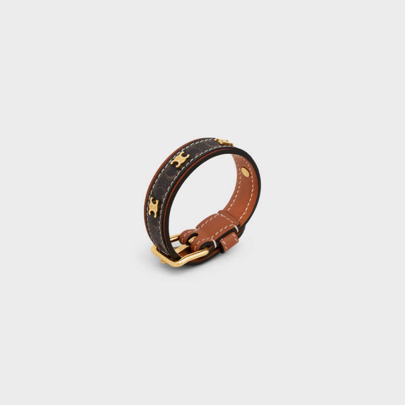 Celine Triomphe Kanvas Triomphe Deri In Brass With Gold Finish Bilezik Altın Kahverengi | CL-592222