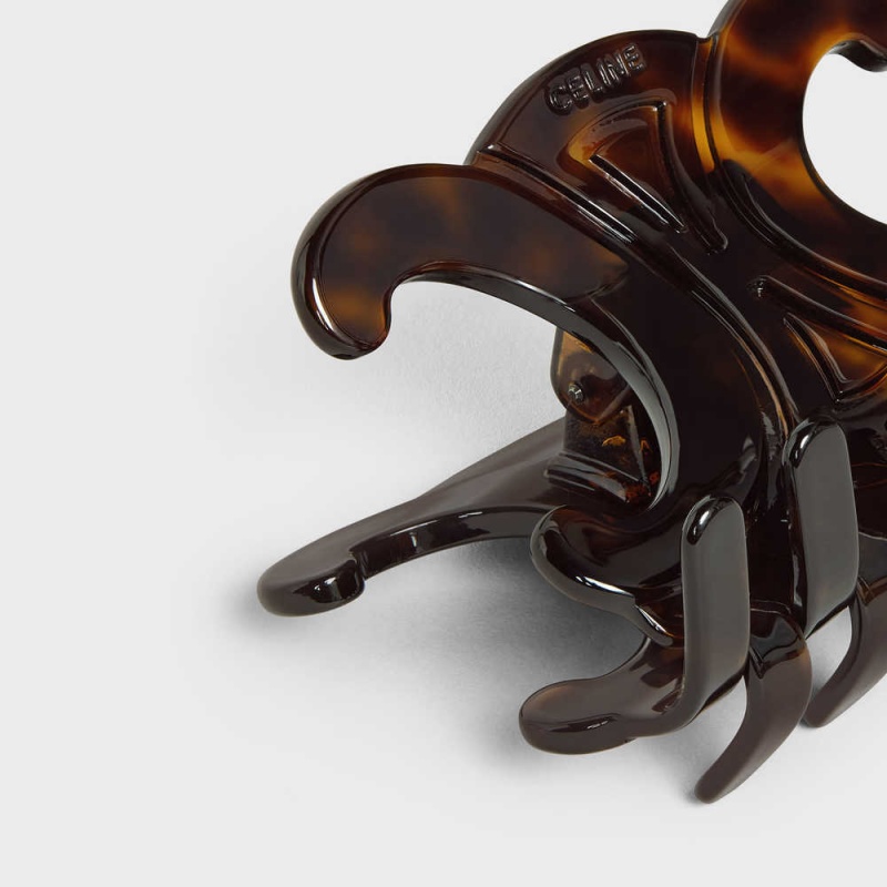 Celine Triomphe Large Hair Clip In Dark Havana Acetate And Steel Saç aksesuarları Kahverengi | CL-592319