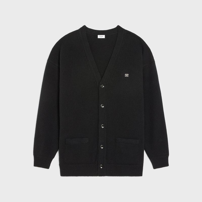 Celine Triomphe Long Cardigan In Cashmere Yün Triko Siyah Beyaz | CL-592087