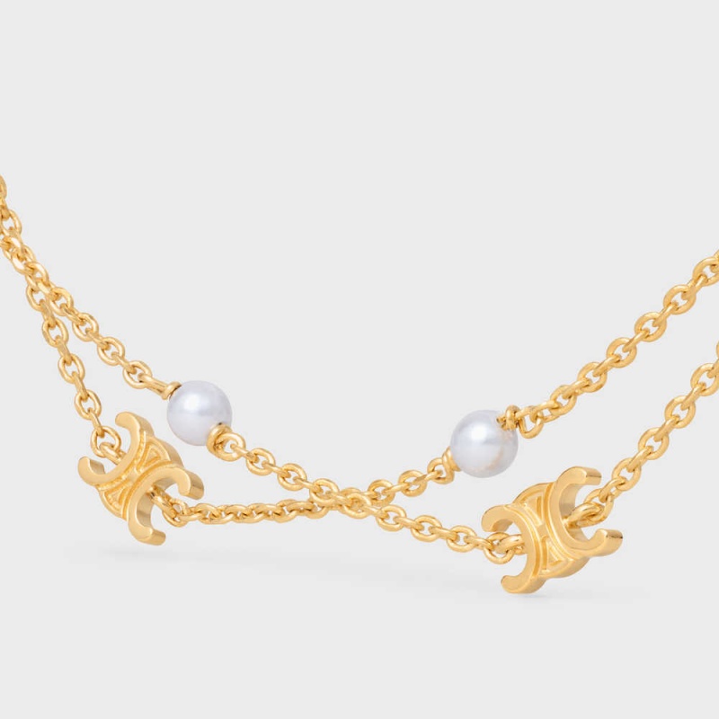 Celine Triomphe Pearl Double In Brass With Gold Finish And Resin Pearls Kolye Altın Beyaz | CL-592241