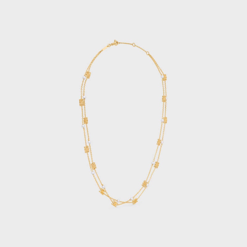 Celine Triomphe Pearl Double In Brass With Gold Finish And Resin Pearls Kolye Altın Beyaz | CL-592241