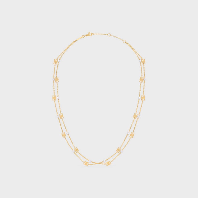 Celine Triomphe Pearl Double In Brass With Gold Finish And Resin Pearls Kolye Altın Beyaz | CL-592241
