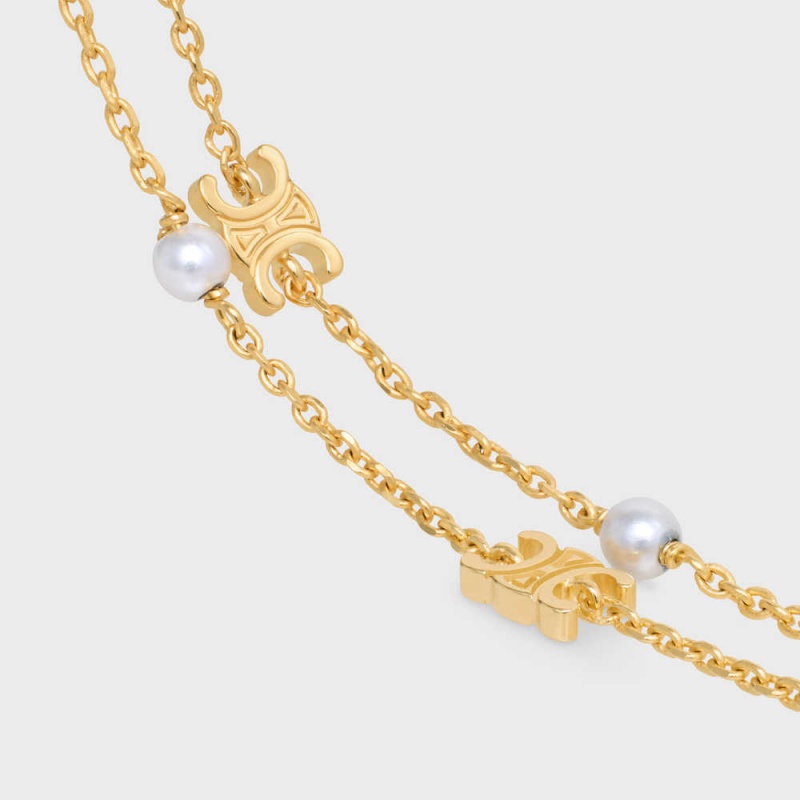 Celine Triomphe Pearl Double In Brass With Gold Finish And Resin Pearls Bilezik Altın Beyaz | CL-592236