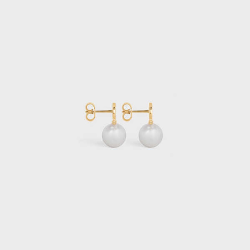 Celine Triomphe Pearl In Brass With Gold Finish And Glass Pearls Küpe Altın Beyaz | CL-592298