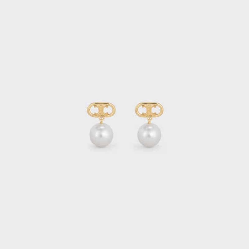 Celine Triomphe Pearl In Brass With Gold Finish And Glass Pearls Küpe Altın Beyaz | CL-592298