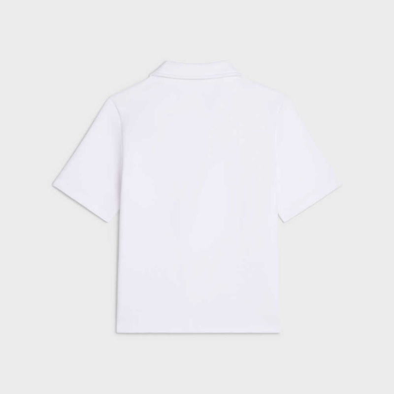 Celine Triomphe Polo In Pamuklu Piqué Tişörtü Beyaz Lacivert | CL-592798