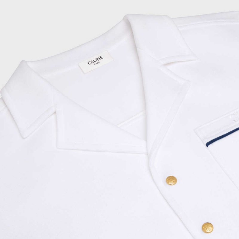 Celine Triomphe Polo In Pamuklu Piqué Tişörtü Beyaz Lacivert | CL-592798