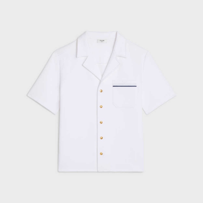 Celine Triomphe Polo In Pamuklu Piqué Tişörtü Beyaz Lacivert | CL-592798