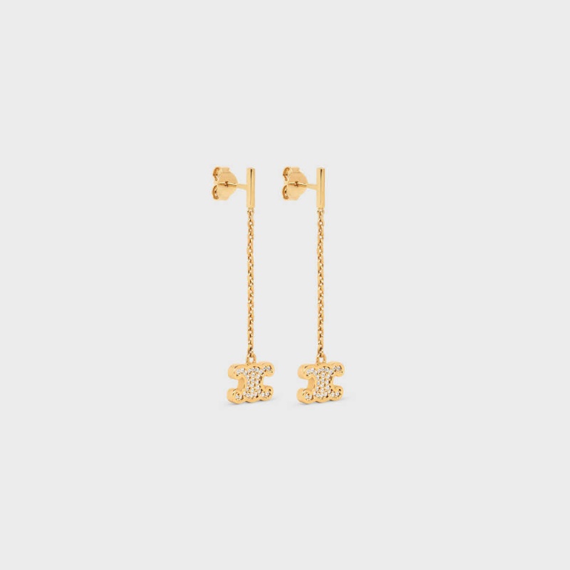 Celine Triomphe Rhinestone Long In Brass With Gold Finish And Crystals Küpe Altın | CL-592302