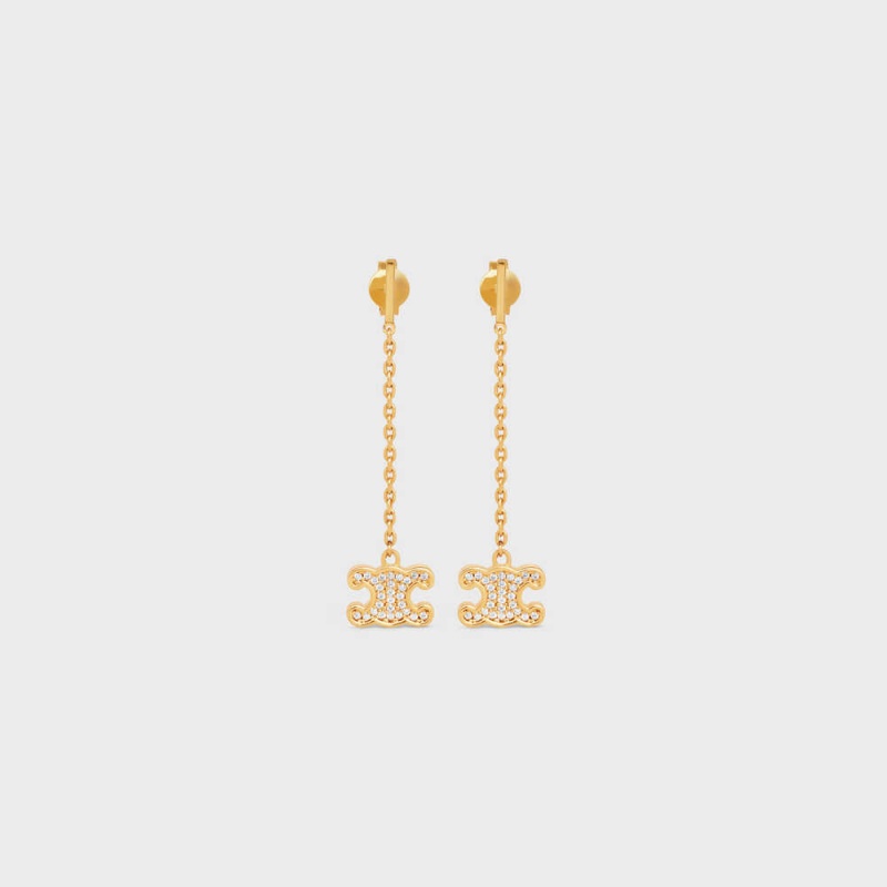 Celine Triomphe Rhinestone Long In Brass With Gold Finish And Crystals Küpe Altın | CL-592302