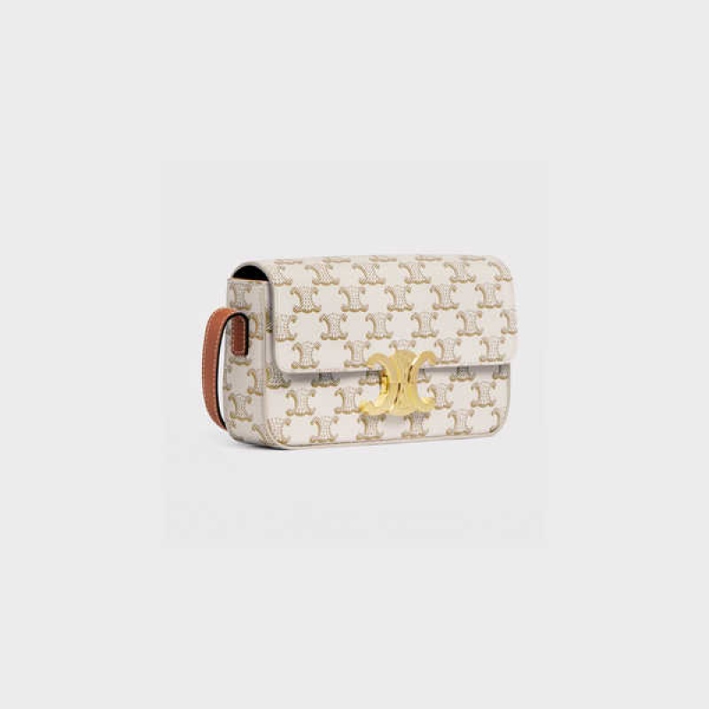 Celine Triomphe Shoulder Bag In And Calfskin Triomphe Canvas Beyaz | CL-593116