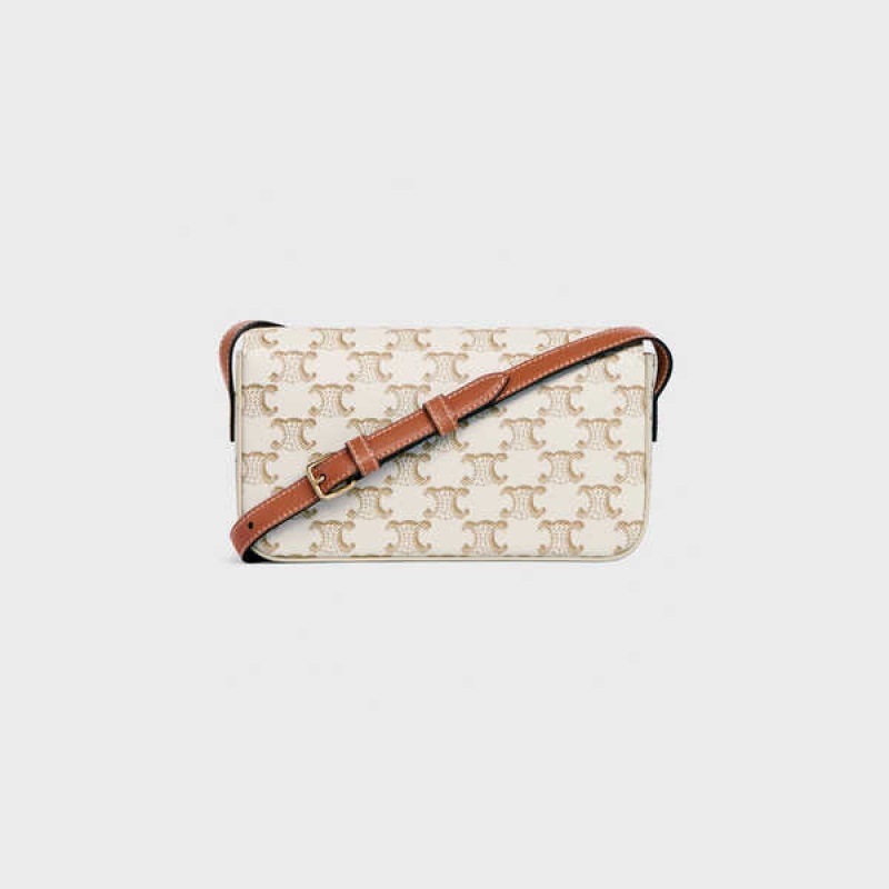 Celine Triomphe Shoulder Bag In And Calfskin Triomphe Canvas Beyaz | CL-593116