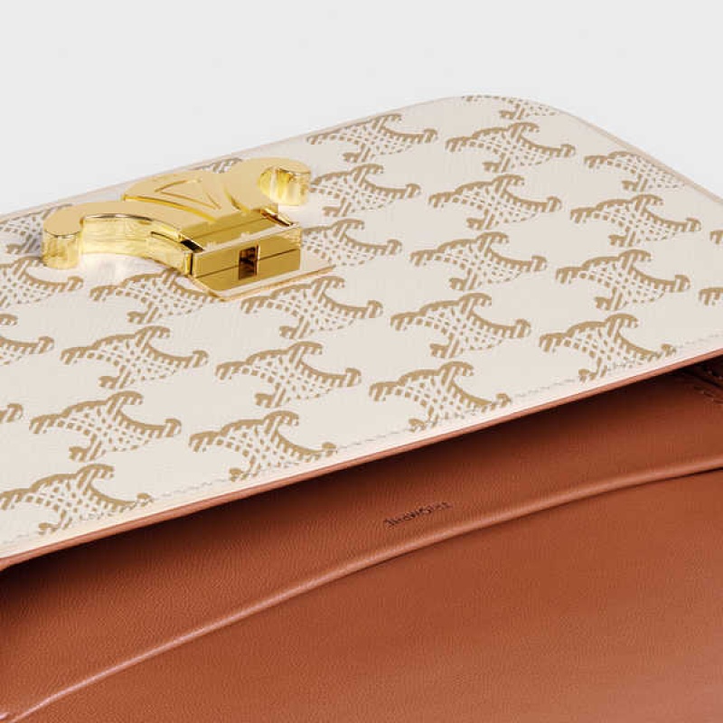 Celine Triomphe Shoulder Bag In And Calfskin Triomphe Canvas Beyaz | CL-593116