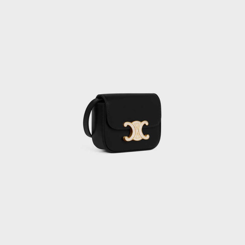 Celine Triomphe With Strass Closure In Shiny Calfskin Mini Çanta Siyah | CL-593012