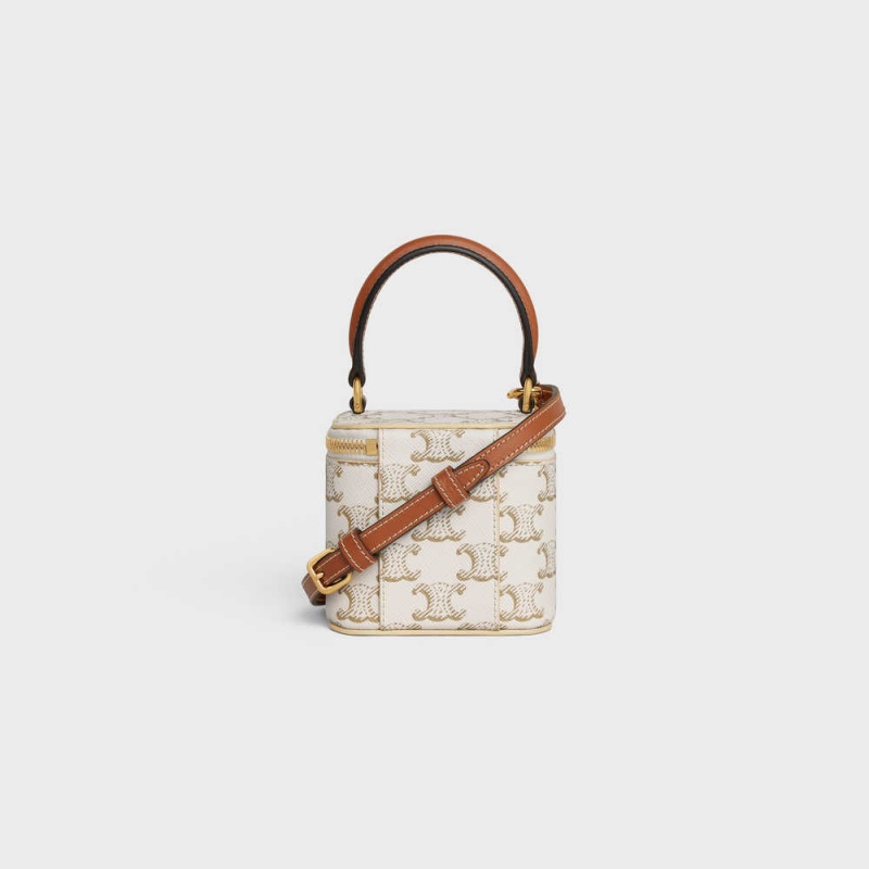Celine Vanity Case In Triomphe Kanvas And Calfskin Mini Çanta Beyaz Kahverengi | CL-593038
