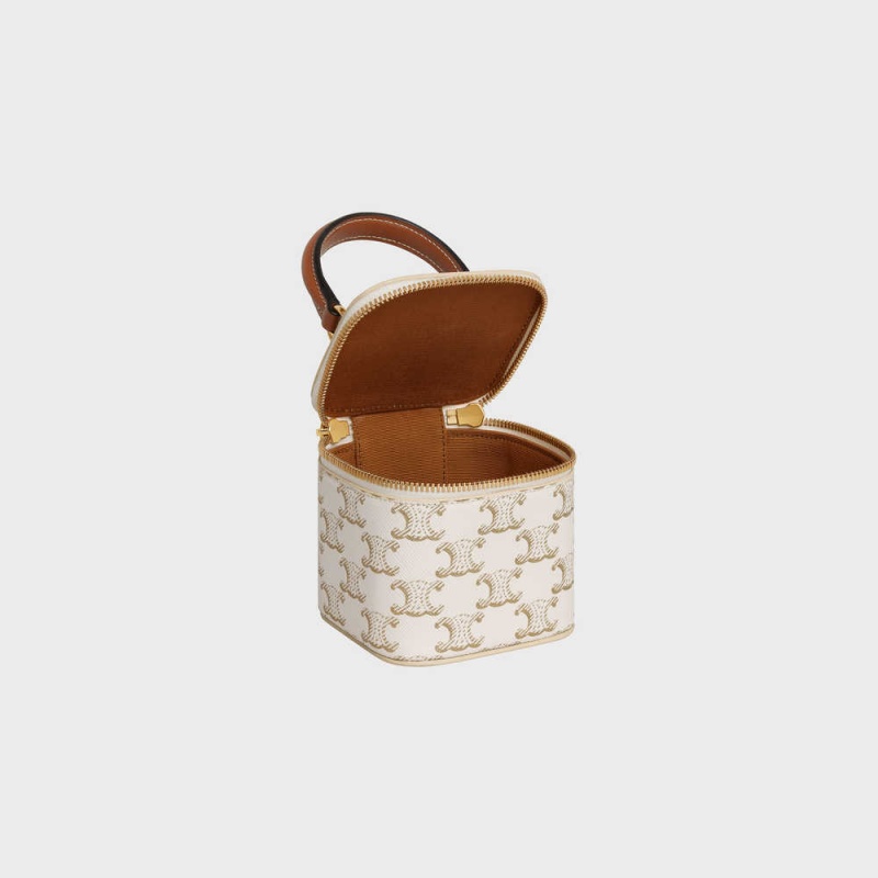 Celine Vanity Case In Triomphe Kanvas And Calfskin Mini Çanta Beyaz Kahverengi | CL-593038