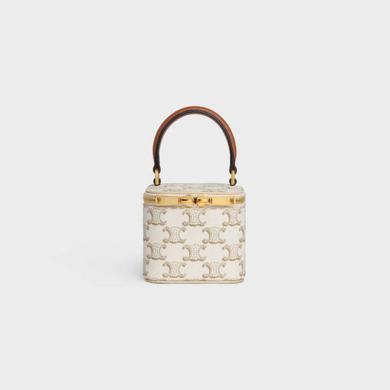 Celine Vanity Case In Triomphe Kanvas And Calfskin Mini Çanta Beyaz Kahverengi | CL-593038