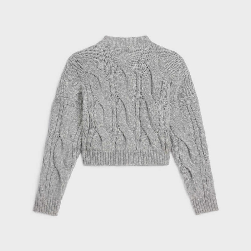 Celine V-neck In Cable-knit Cashmere And Silk Triko Açık Gri | CL-592705