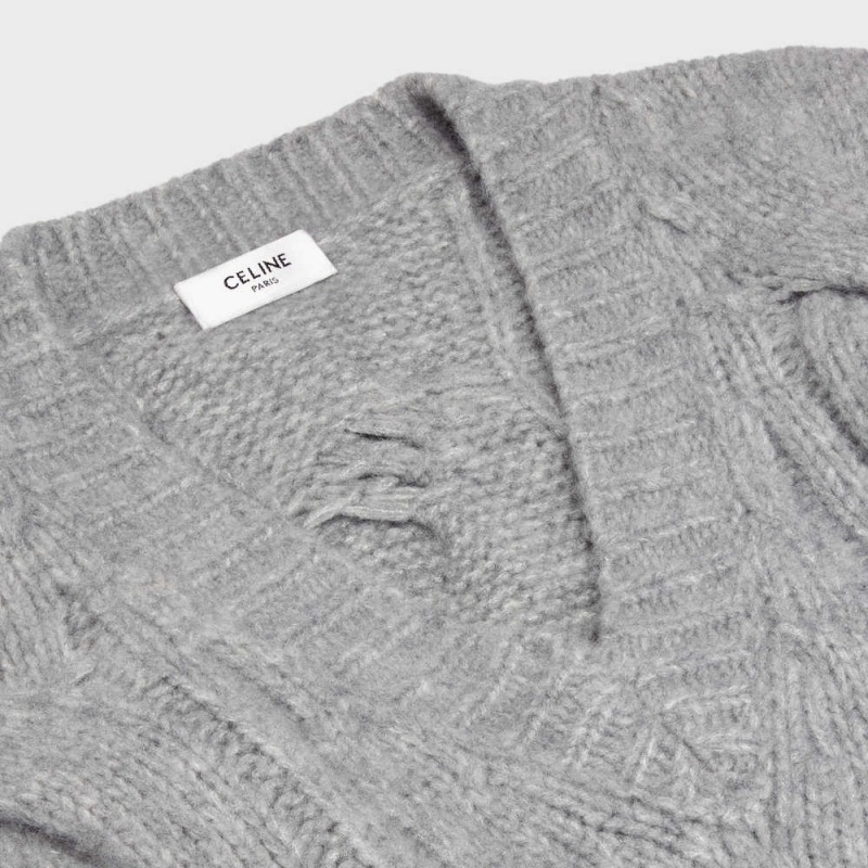 Celine V-neck In Cable-knit Cashmere And Silk Triko Açık Gri | CL-592705