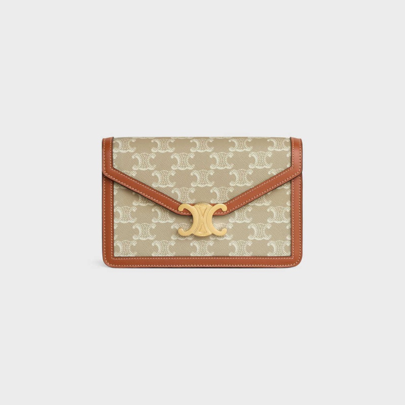 Celine Wallet On Chain Triomphe In Triomphe Kanvas And Calfskin Mini Çanta Bej Rengi | CL-593026