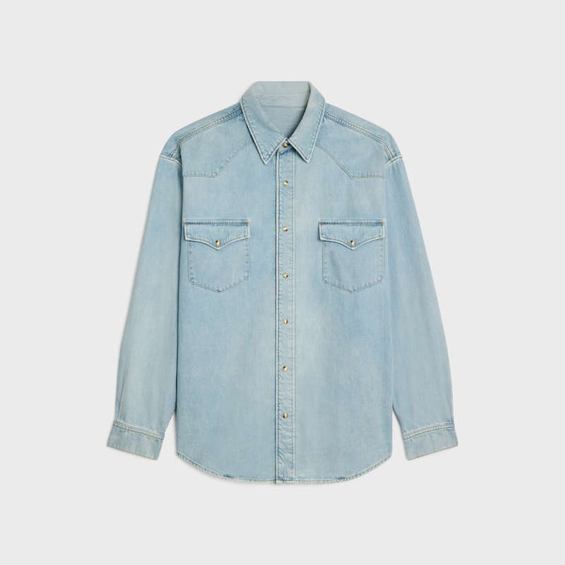 Celine Western In Faded Summer Wash Denim Gömlek Mavi | CL-592154