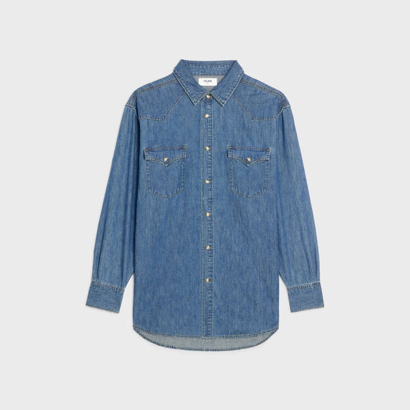 Celine Western In Union Ocean Wash Denim Gömlek Açık Mavi | CL-592153